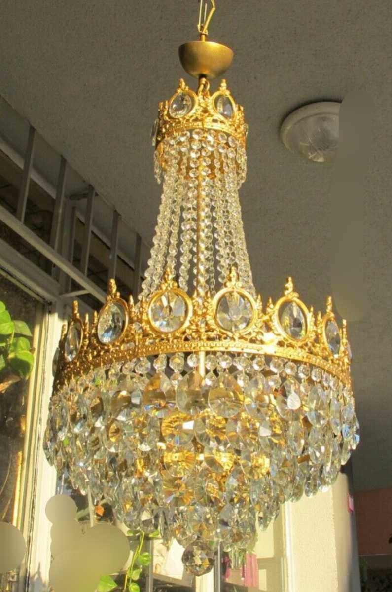超希少 アンティーク フランス製 スワロフスキー高級クリスタルシャンデリア 真鍮無垢 純金プレーティング 5灯 高さ76㎝ 直径40cm 入手困難_3