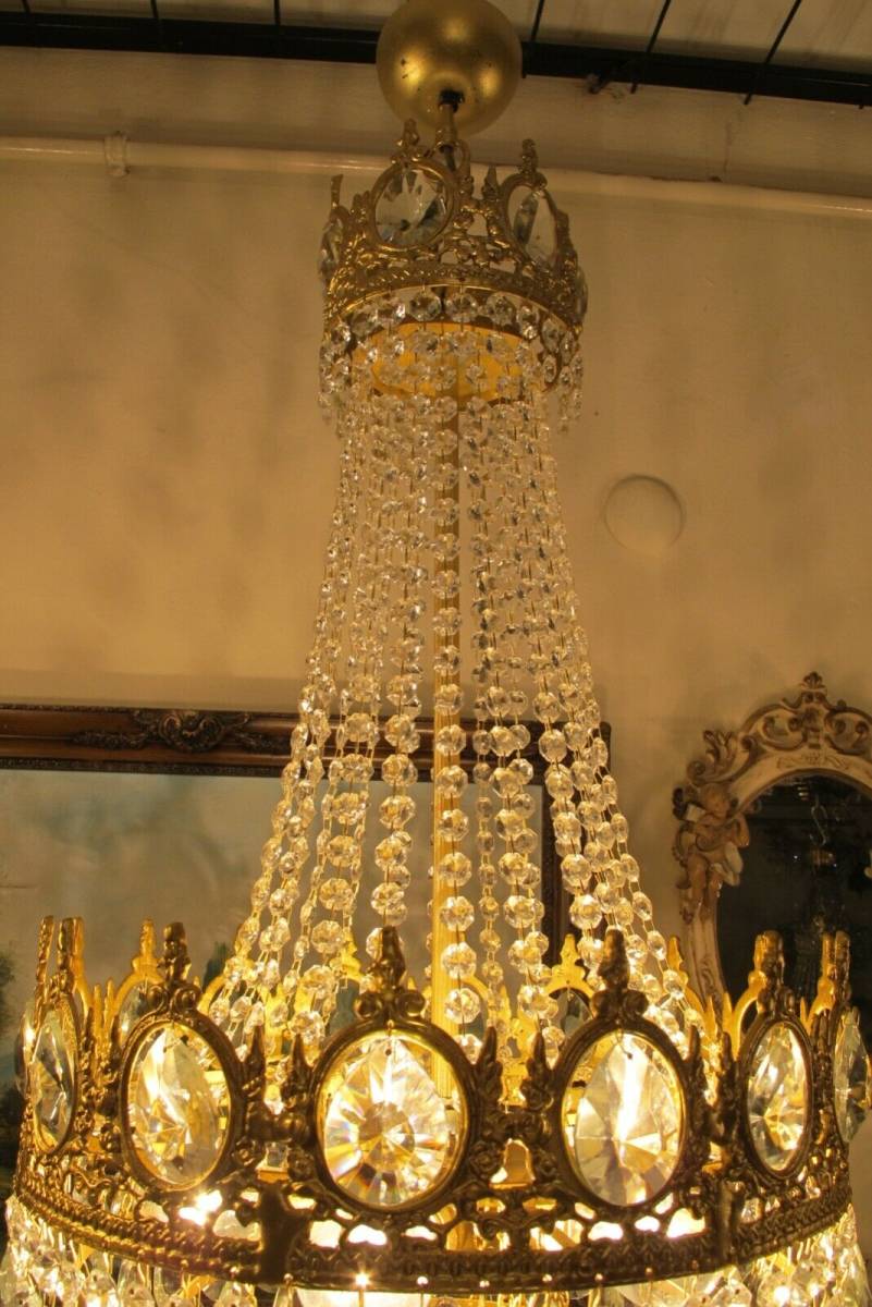超希少 アンティーク フランス製 スワロフスキー高級クリスタルシャンデリア 真鍮無垢 純金プレーティング 5灯 高さ76㎝ 直径40cm 入手困難_4