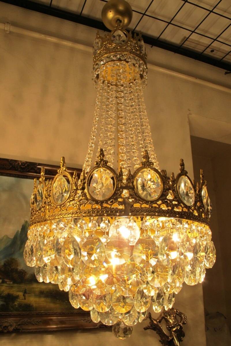 超希少 アンティーク フランス製 スワロフスキー高級クリスタルシャンデリア 真鍮無垢 純金プレーティング 5灯 高さ76㎝ 直径40cm 入手困難_6