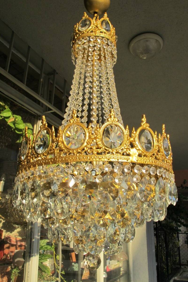 超希少 アンティーク フランス製 スワロフスキー高級クリスタルシャンデリア 真鍮無垢 純金プレーティング 5灯 高さ76㎝ 直径40cm 入手困難_9