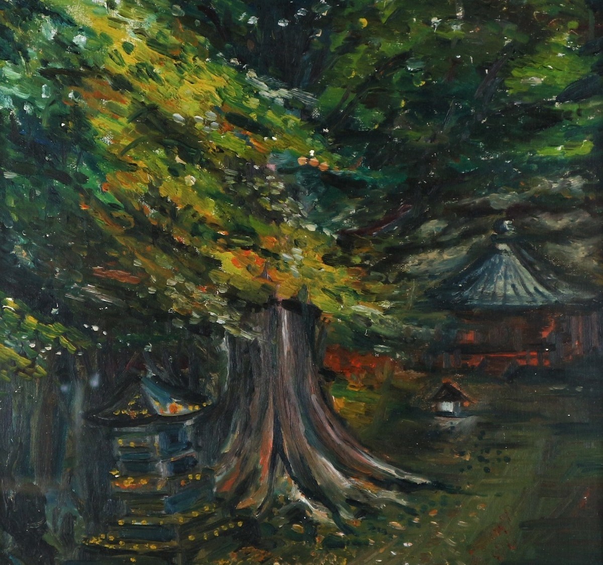 美術品・アンティーク・コレクション 油彩画 F3 街角の風景画 額縁付き