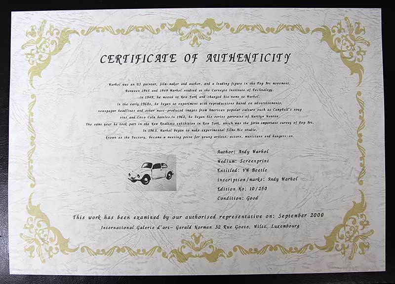 アンディ・ウォーホル 証明書 シルク 直筆サイン「VW Beetle 10/250