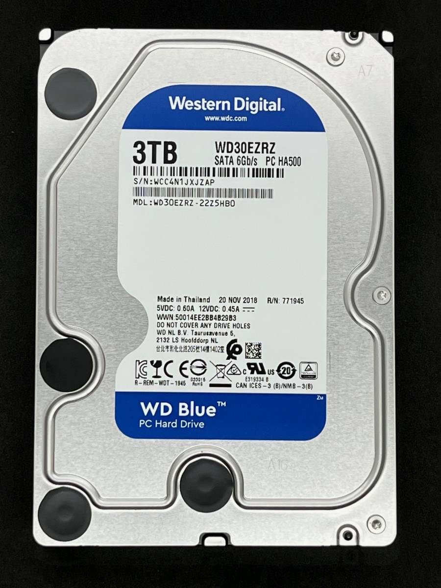 【送料無料】　★ ３ＴＢ ★　WD30EZRZ【使用時間：１２ｈ】 Western Digital Blue　3.5インチ 内蔵 HDD　SATA600/5400rpm WD/青 新品同様