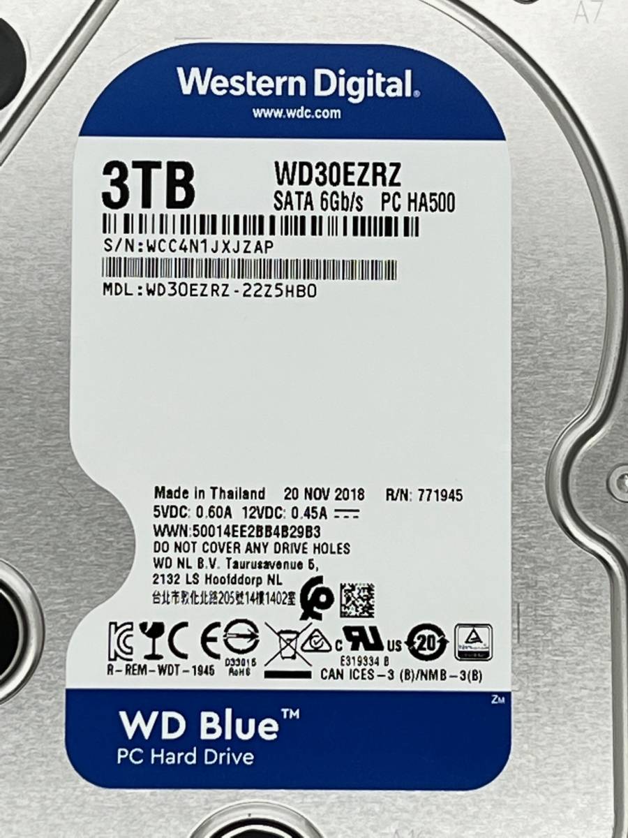 【送料無料】　★ ３ＴＢ ★　WD30EZRZ【使用時間：１２ｈ】 Western Digital Blue　3.5インチ 内蔵 HDD　SATA600/5400rpm WD/青 新品同様