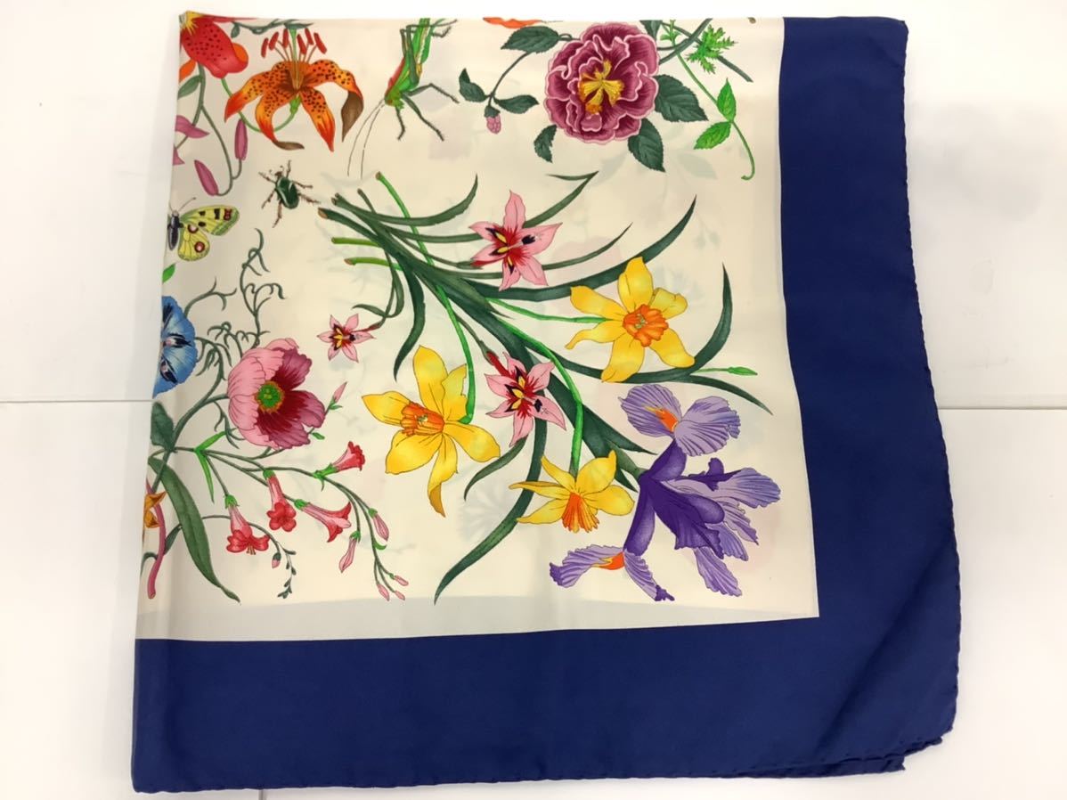 GUCCI グッチ シルク100% スカーフ 85cm ブルー×ホワイト 花柄