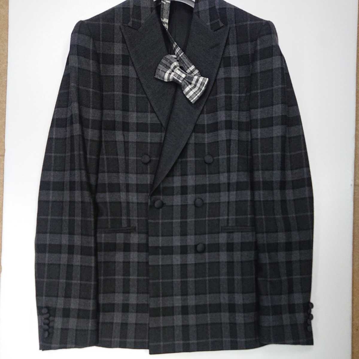 ブラック×グレー チェック　スーツ セットアップ タキシード　ジャケット　ベスト　パンツ　パーティー　結婚式　衣装　フォーマル