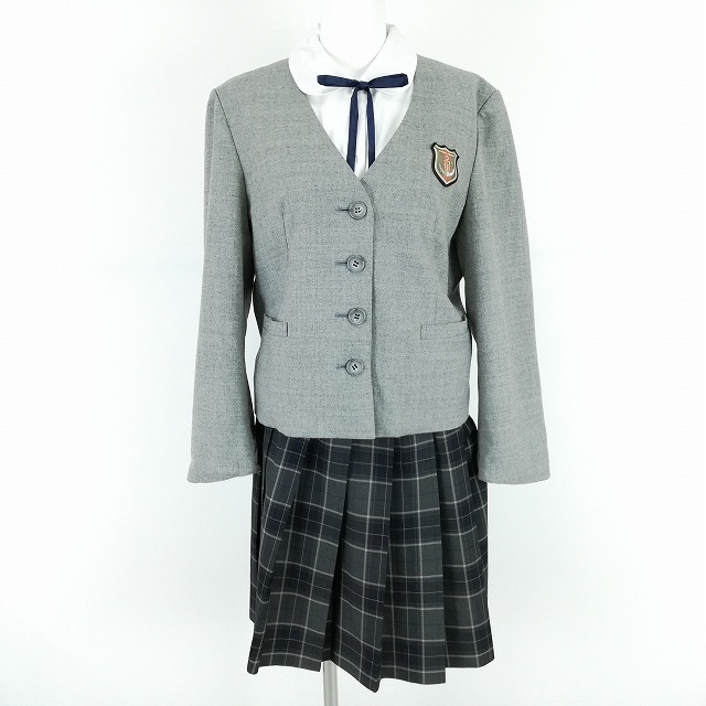 1円 イートン チェックスカート 紐タイ 等 上下4点セット M 大きいサイズ 冬物 長袖 女子 学生服 埼玉星野学園 グレー 中古 ランクC EY6682_1