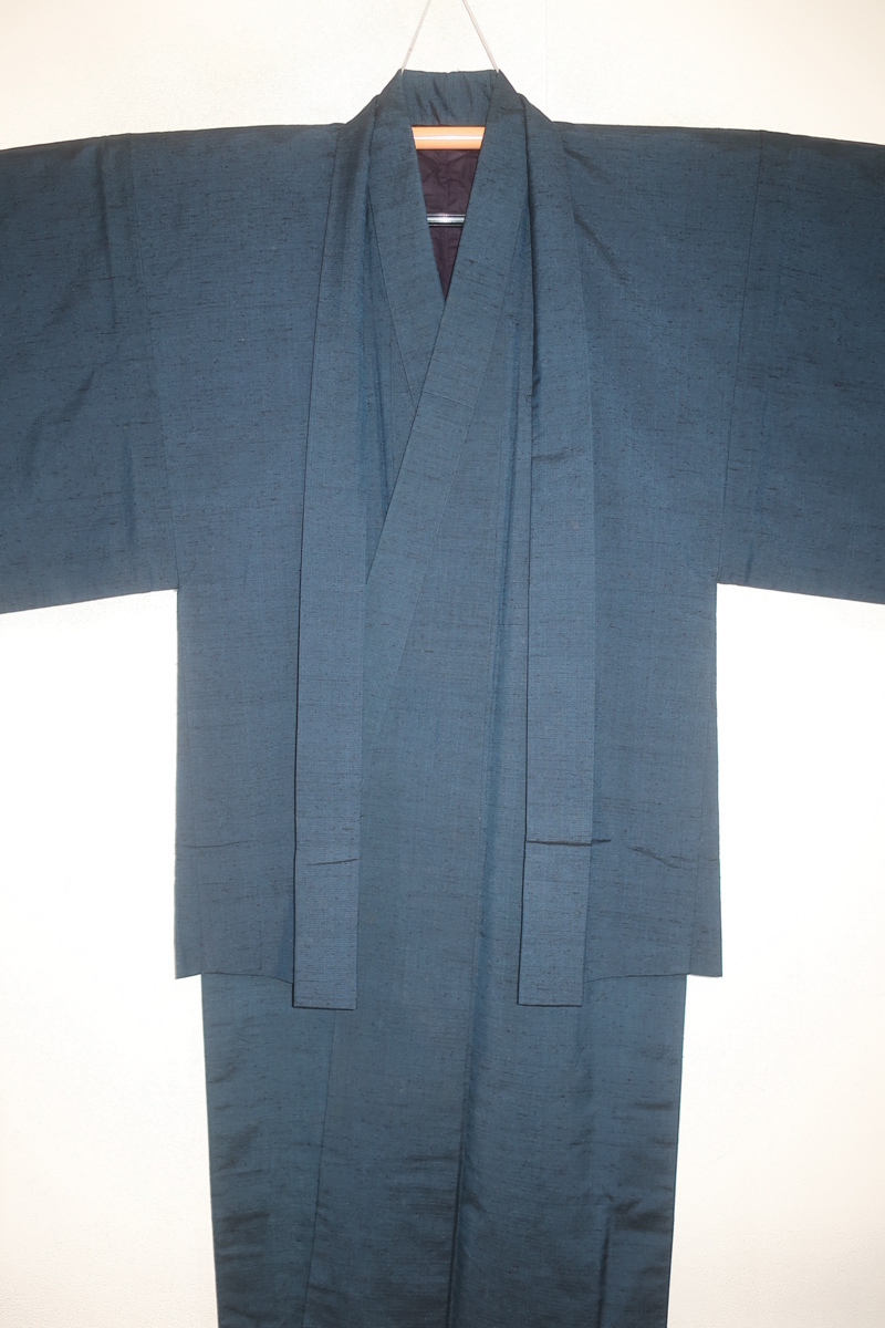 壱1328本絹米澤お召紬 男着物羽織裄66丈133К灰緑青銅色極上現代未着用