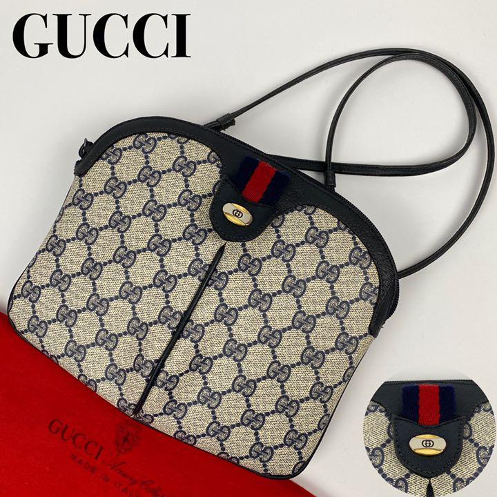美品■GUCCI グッチ ショルダーバッグ シェリーライン GG柄 インターロッキング ネイビー 紺 PVCレザー ポシェット ミニバッグ オールド GUCCI グッチ シェリーライン 美品GUCCI (グッチ ラクマ