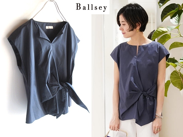 ネコポス対応 Ballsey ボールジィ 2019SS サイドリボン コットンアシンメトリーブラウス Vネックフレンチスリーブシャツ 36 ネイビーグレー