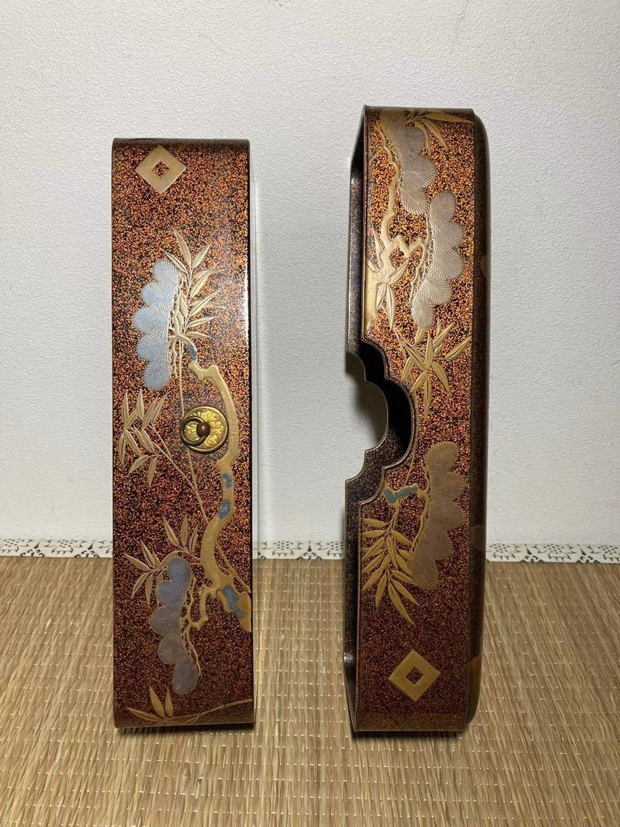【希少品】高蒔絵 江戸期 松竹梅鶴紋 漆器 吉祥文様 時代物 骨董品 金蒔絵重箱 江戸時代 高蒔絵極上蒔絵 金梨地 松竹鶴金蒔絵長文箱 蒔絵書状箱 蒔絵