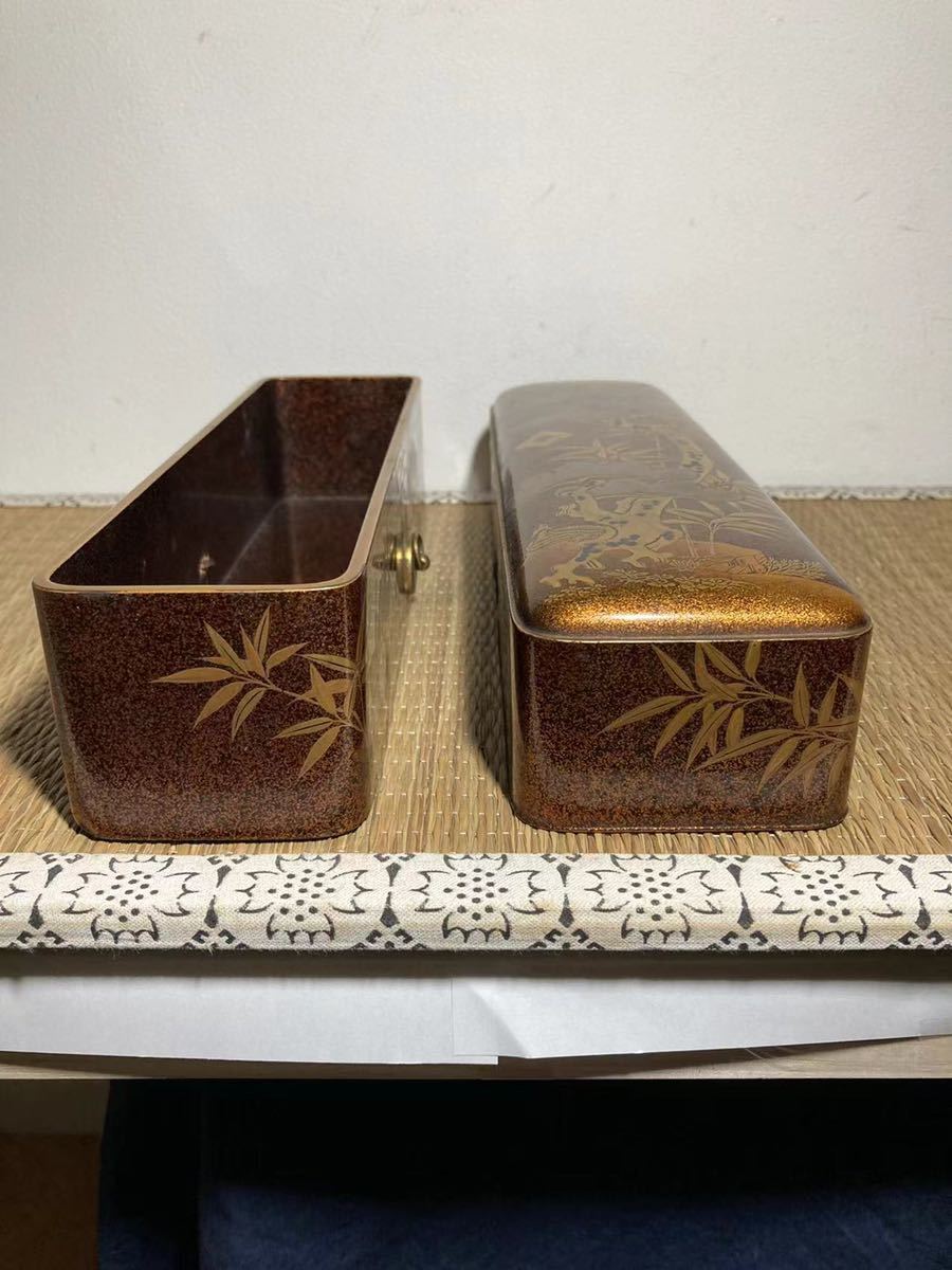 【希少品】高蒔絵 江戸期 松竹梅鶴紋 漆器 吉祥文様 時代物 骨董品 金蒔絵重箱 江戸時代 高蒔絵極上蒔絵 金梨地 松竹鶴金蒔絵長文箱 蒔絵書状箱 蒔絵