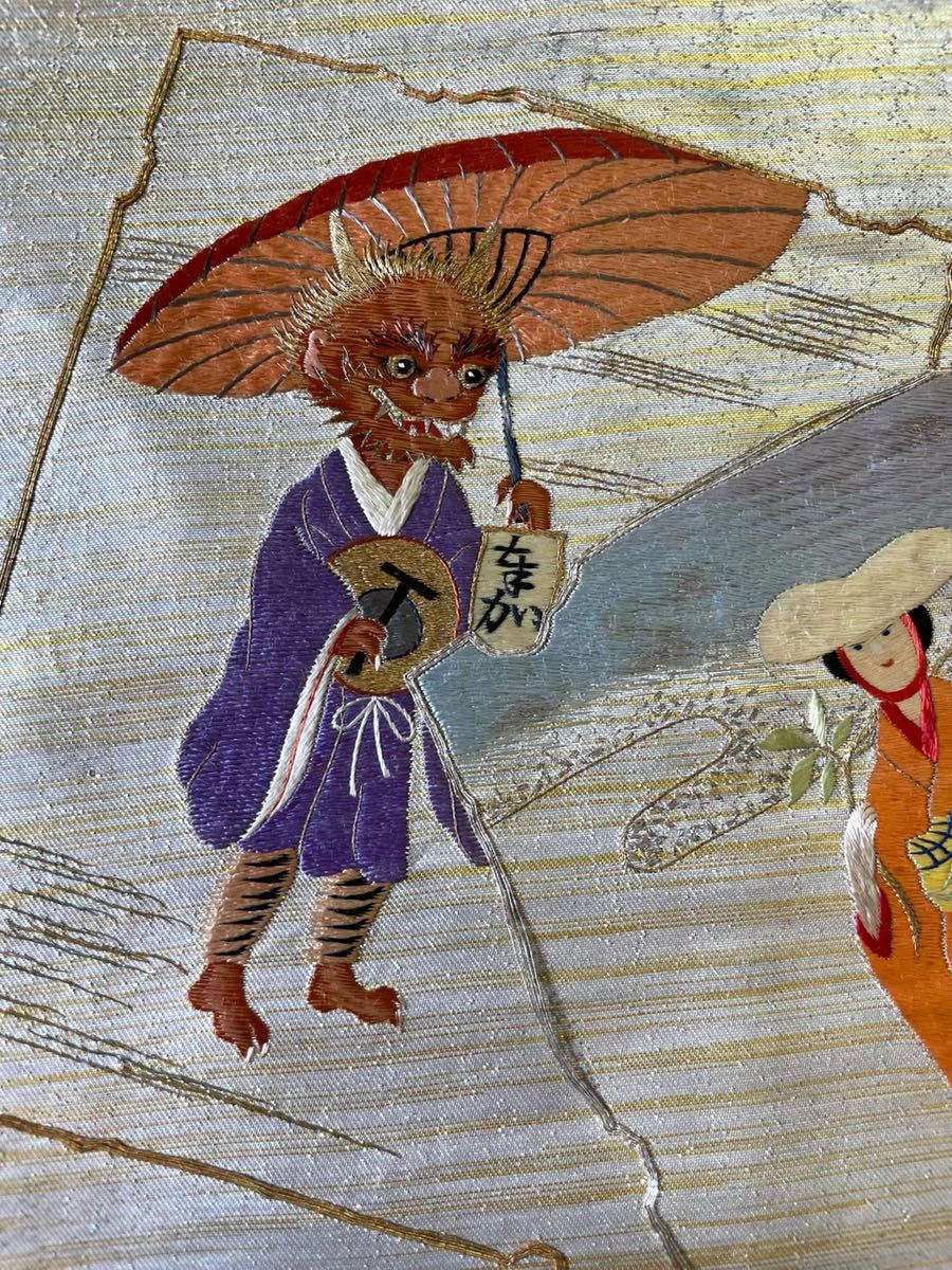 アンティーク着物◇手刺繍 大津絵 藤娘 鬼 大正ロマン レア アンティーク着物◇手刺繍 大津絵 藤娘 鬼 大正ロマン レア