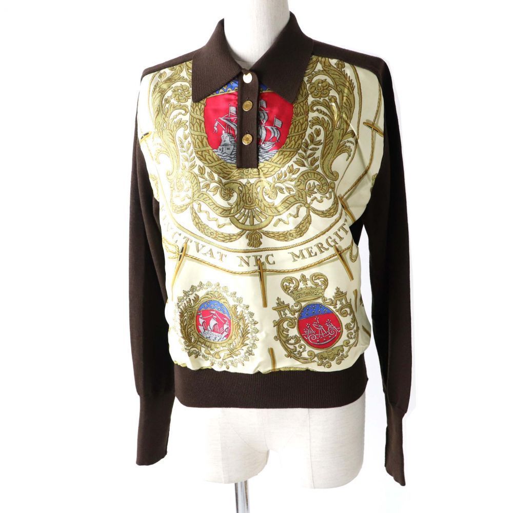 美品◎エルメス LES ARMES DE PARIS FLVCTVAT NEC MERGITVR パリの紋章 賭けたゆたえども沈まずの武器 レディース シルク使 長袖ニット 40