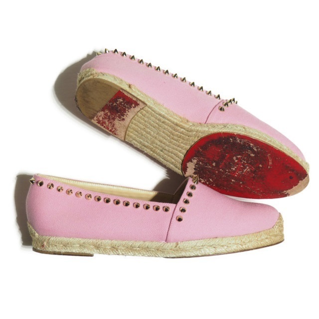 【得価，人気】 H8525R52　▼Christian Louboutin クリスチャンルブタン▼　エスパドリーユ スタッズ付き キャンバス シューズ ピンク 39/24.5cm 春夏 rb m
