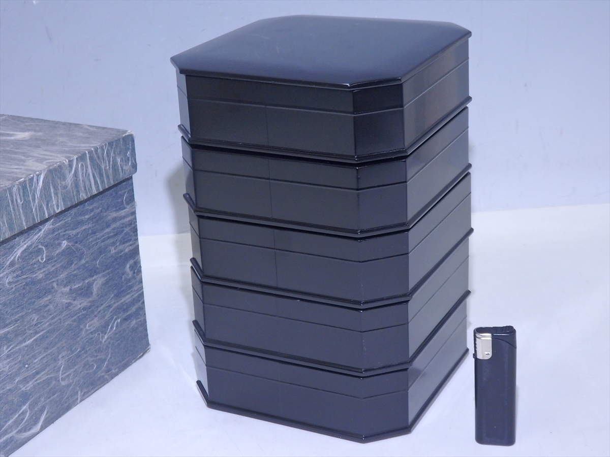 縁高重　重箱　漆器　木製　5段重 ☆状態良！木製漆器【真塗 縁高重五段 紙箱入】つやつや！ 17cm