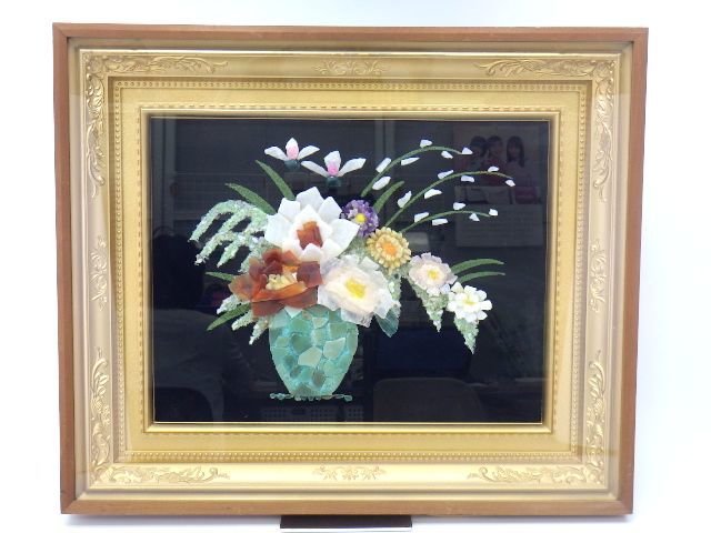 h2F088R- 秀宝作 貴石画 宝石画 花 花瓶 額装(絵画)｜売買された