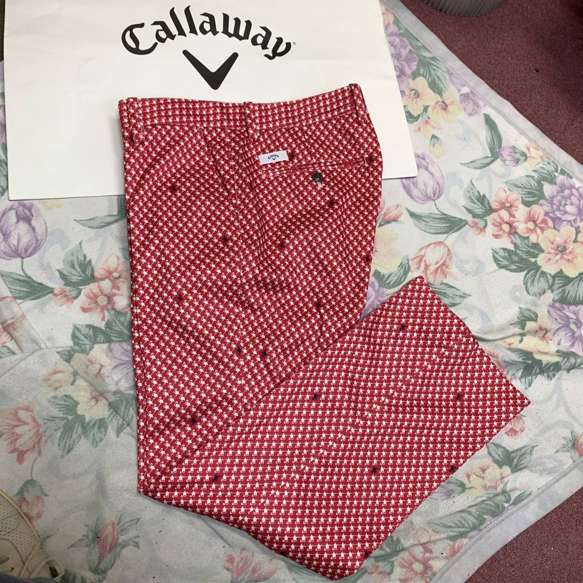 ★極美品/サイズL/82～84ｃｍ★Callaway/キャロウェイ★全面スワン柄プリント/快適QUICK-DRY.UVカット/4Ｐ/ストレッチGOLFパンツ★ピンク系