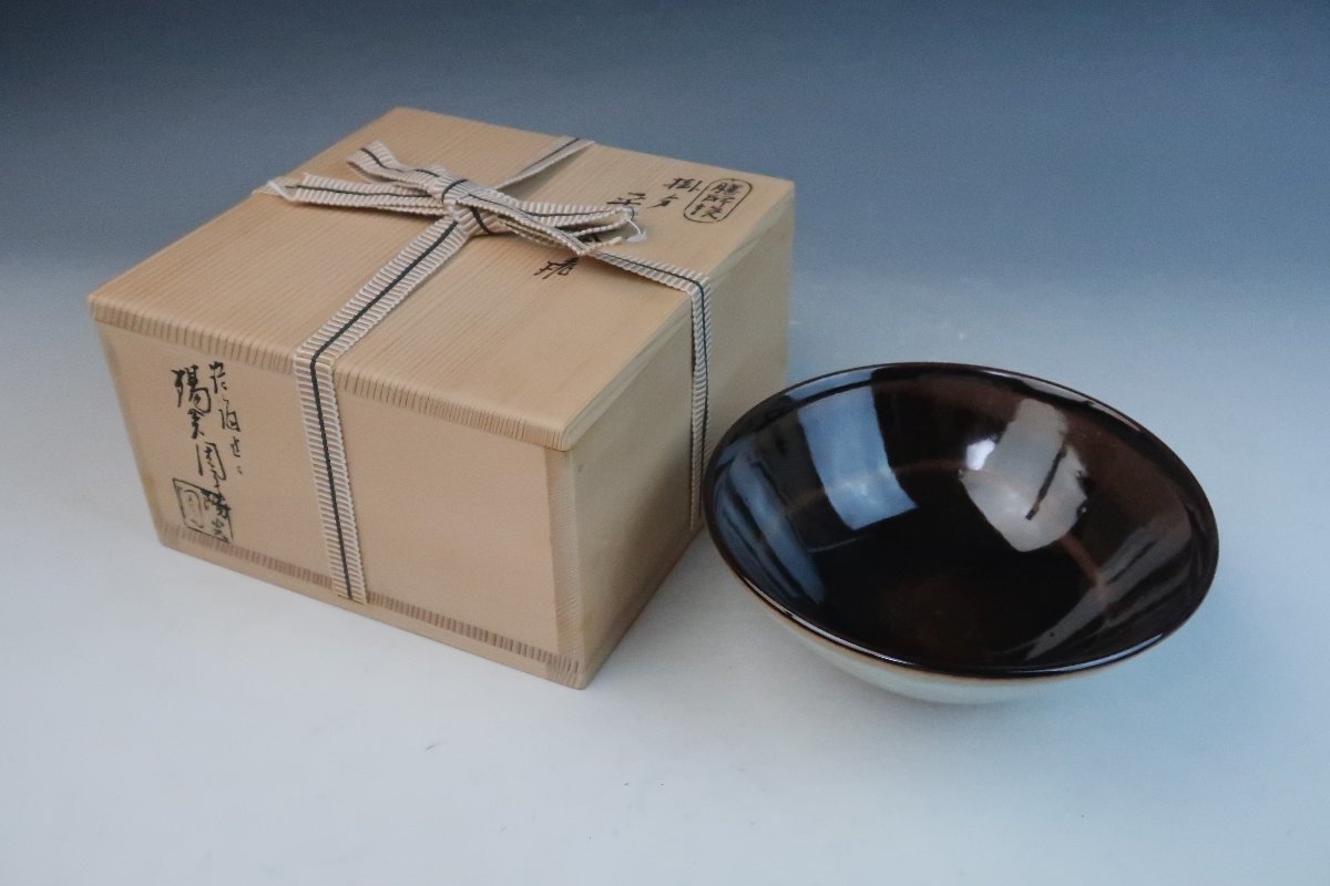 膳所焼 淡海ぜぜ 陽炎園 掛分 平茶碗 夏茶碗 抹茶碗 無傷 共箱 茶器