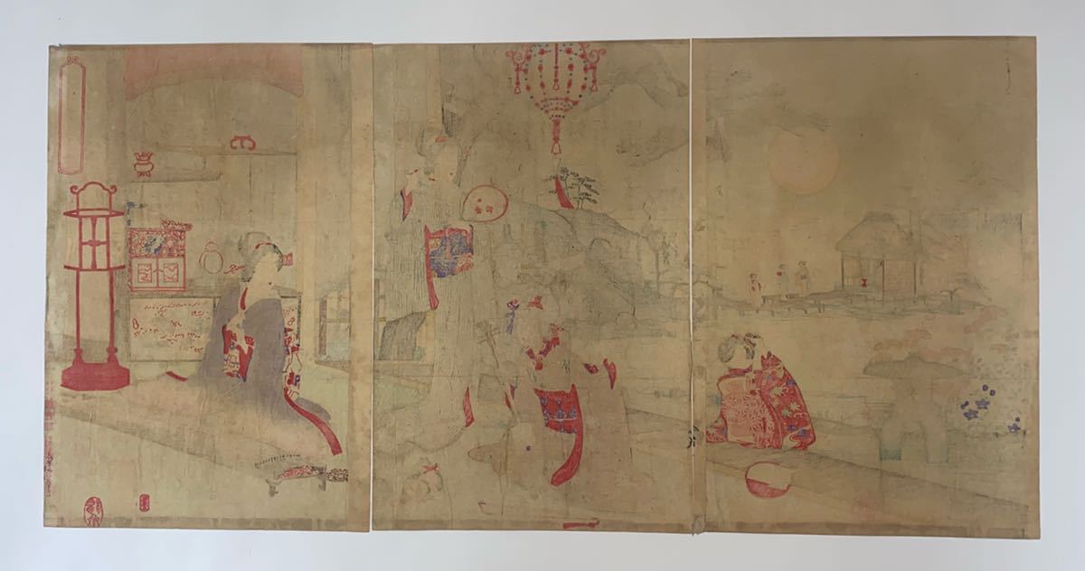 逸品！楊斎延一「雪月花内 新雁落干月 三枚続」本物 浮世絵 大判
