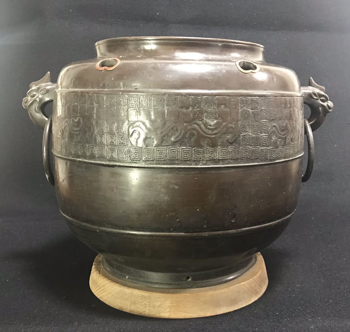 銅製 唐物 中国古玩 獣耳 蔵出し 古美術品 饕餮紋耳付火鉢