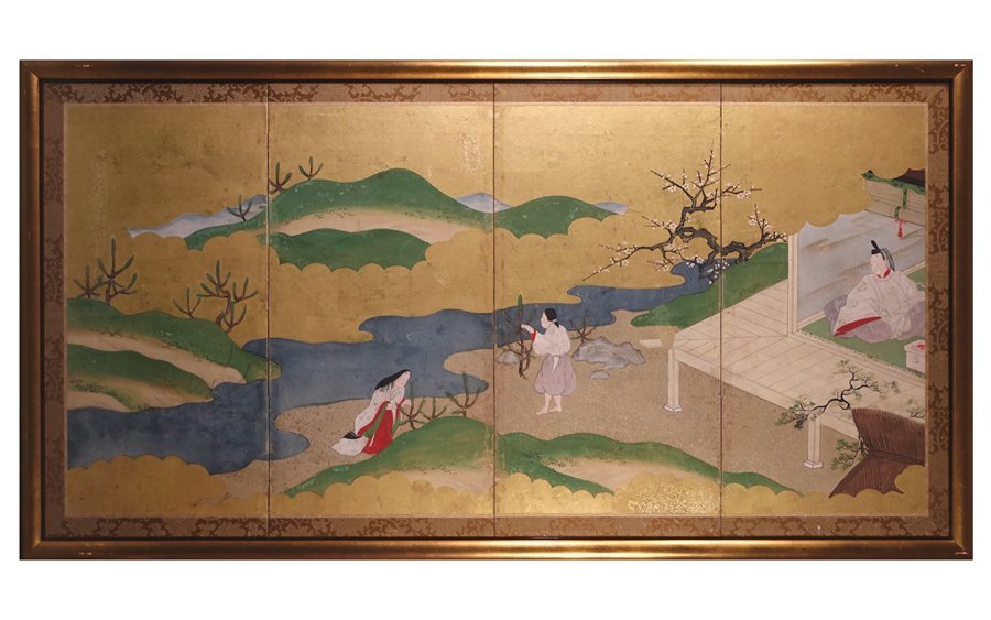 ∇花∇江戸時代中～後期の肉筆古画 江戸琳派 紙本金地彩色流水楼閣山水