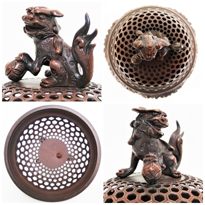牡丹唐草 香炉 新品未使用佐藤宏采 名工 鋳造製 香爐 玉乗り獅子