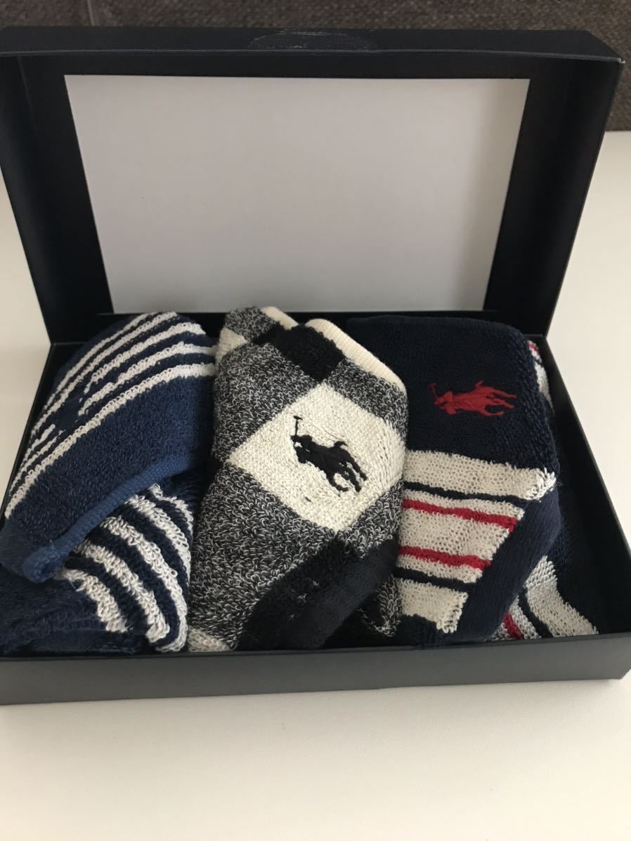未使用箱付　　RALPH LAUREN タオルハンカチ セット3枚　メンズタオル　綿　