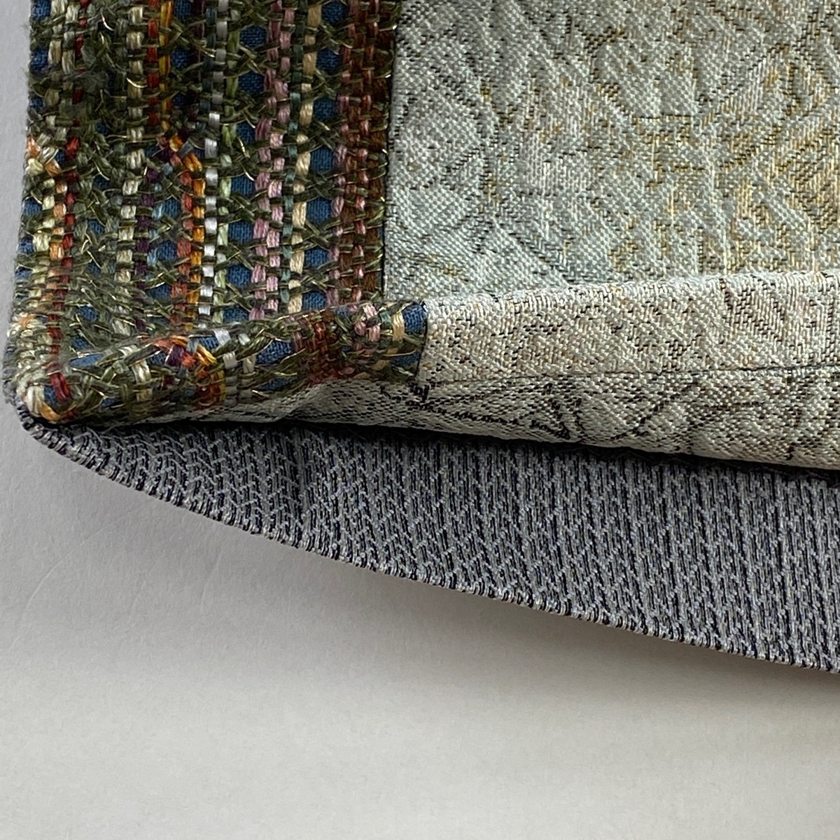 袋帯 美品 秀品 幾何学模様 金糸 箔 青灰色 お太鼓柄 正絹 【中古】