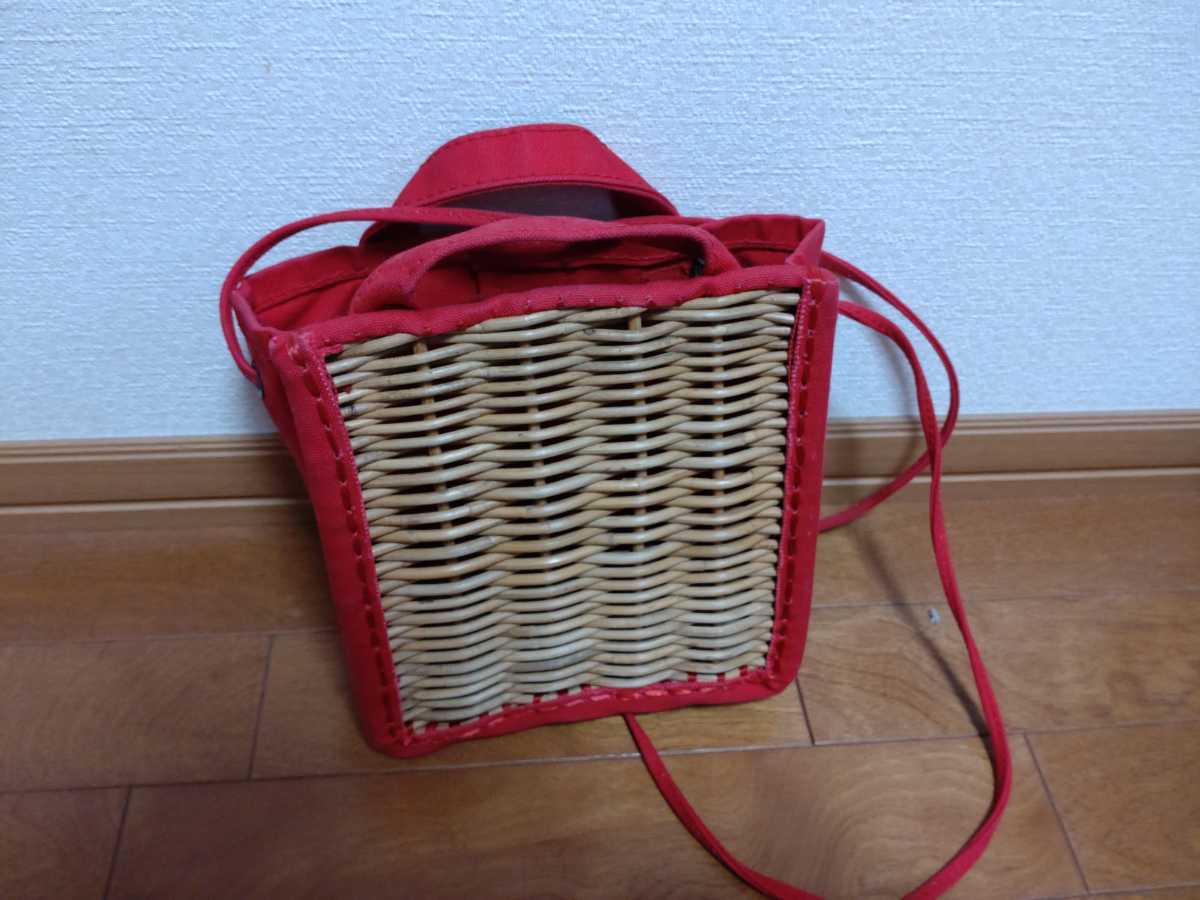 安い エバゴスebagos キャンバス 籐ポシェット 紅籐 赤 ショルダー