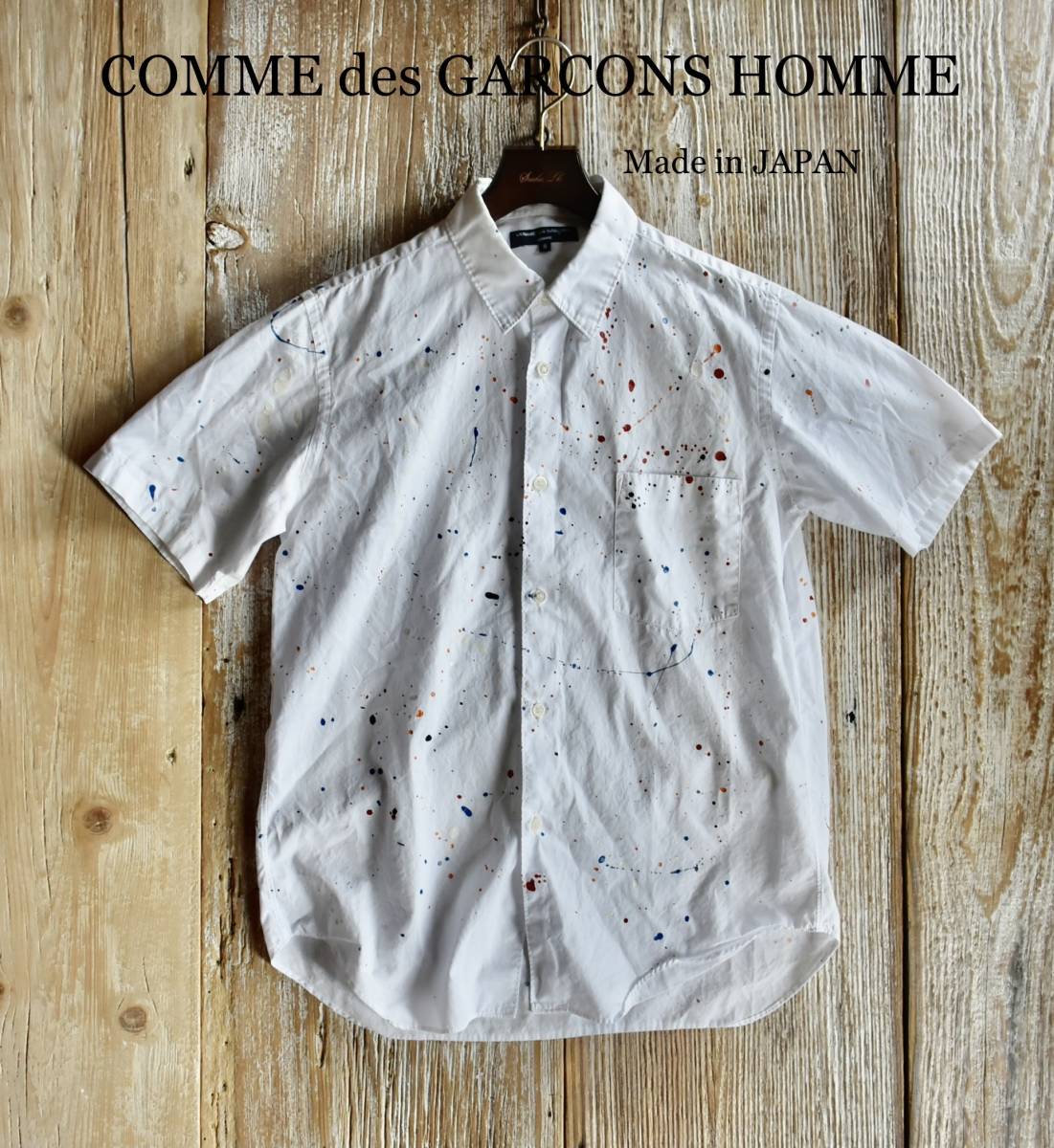 希少 AD2011 日本製 COMME des GARCONS HOMME コムデギャルソンオム ホワイト ペンキ加工 半袖 シャツ S アート コットン アーカイブ des 希少 COMME バルーン シルエット ポンチョ