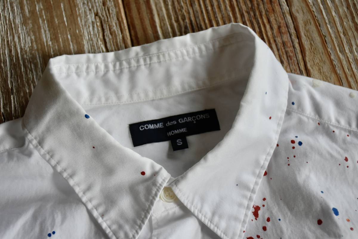 希少 AD2011 日本製 COMME des GARCONS HOMME コムデギャルソンオム ホワイト ペンキ加工 半袖 シャツ S アート コットン アーカイブ des 希少 COMME バルーン シルエット ポンチョ