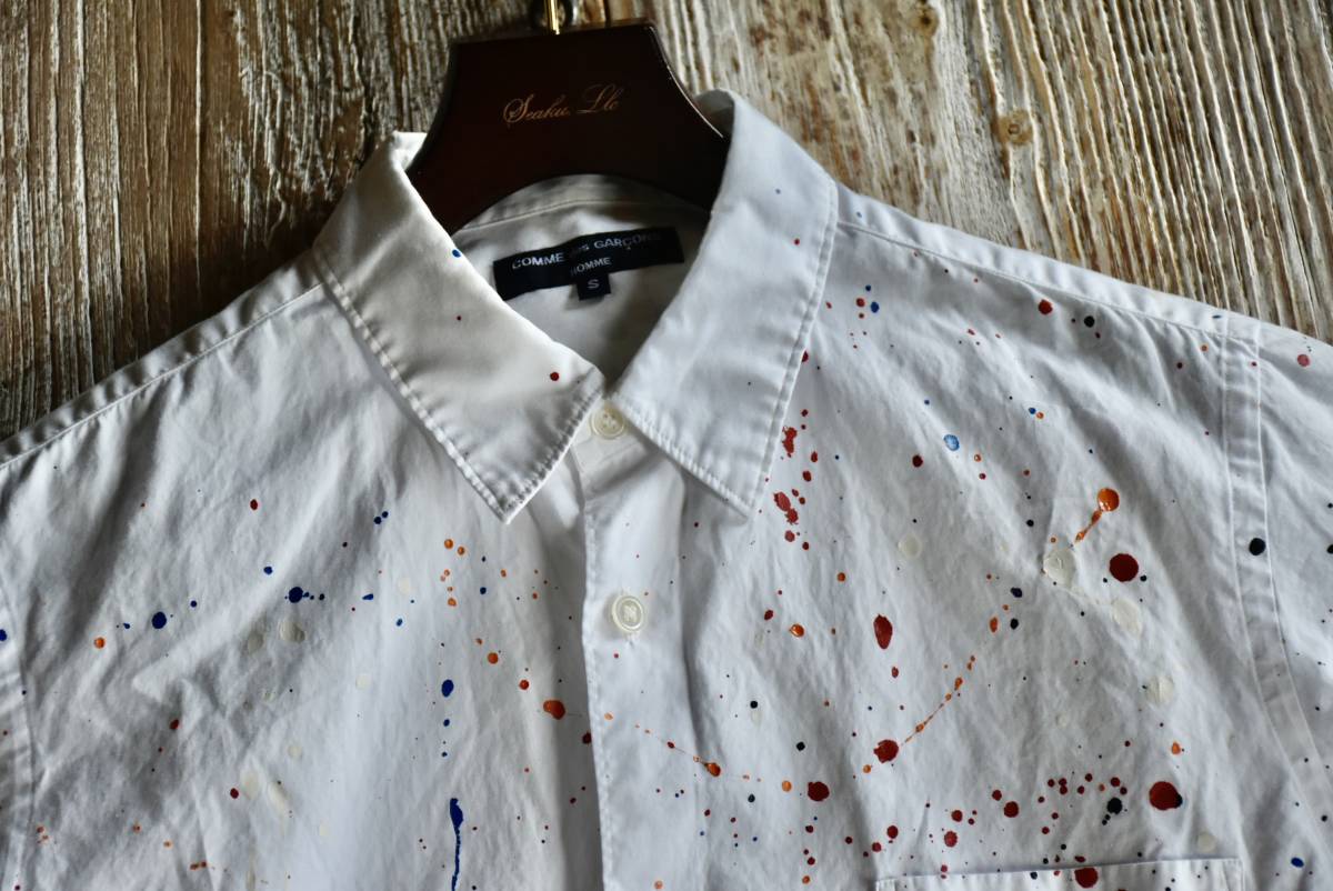 希少 AD2011 日本製 COMME des GARCONS HOMME コムデギャルソンオム ホワイト ペンキ加工 半袖 シャツ S アート コットン アーカイブ des 希少 COMME バルーン シルエット ポンチョ