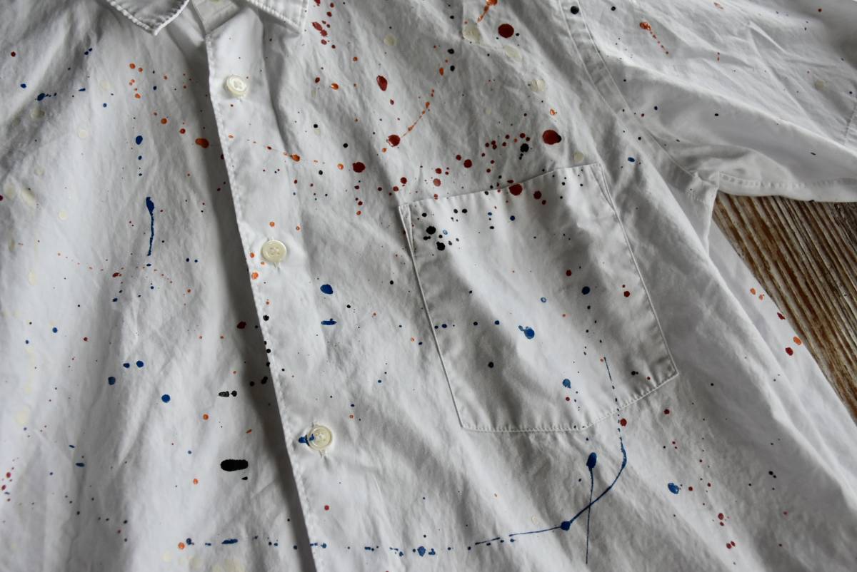 希少 AD2011 日本製 COMME des GARCONS HOMME コムデギャルソンオム ホワイト ペンキ加工 半袖 シャツ S アート コットン アーカイブ des 希少 COMME バルーン シルエット ポンチョ