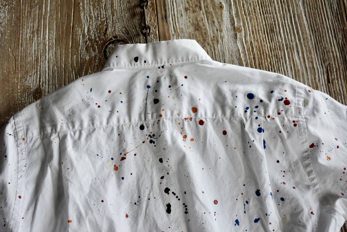 希少 AD2011 日本製 COMME des GARCONS HOMME コムデギャルソンオム ホワイト ペンキ加工 半袖 シャツ S アート コットン アーカイブ des 希少 COMME バルーン シルエット ポンチョ