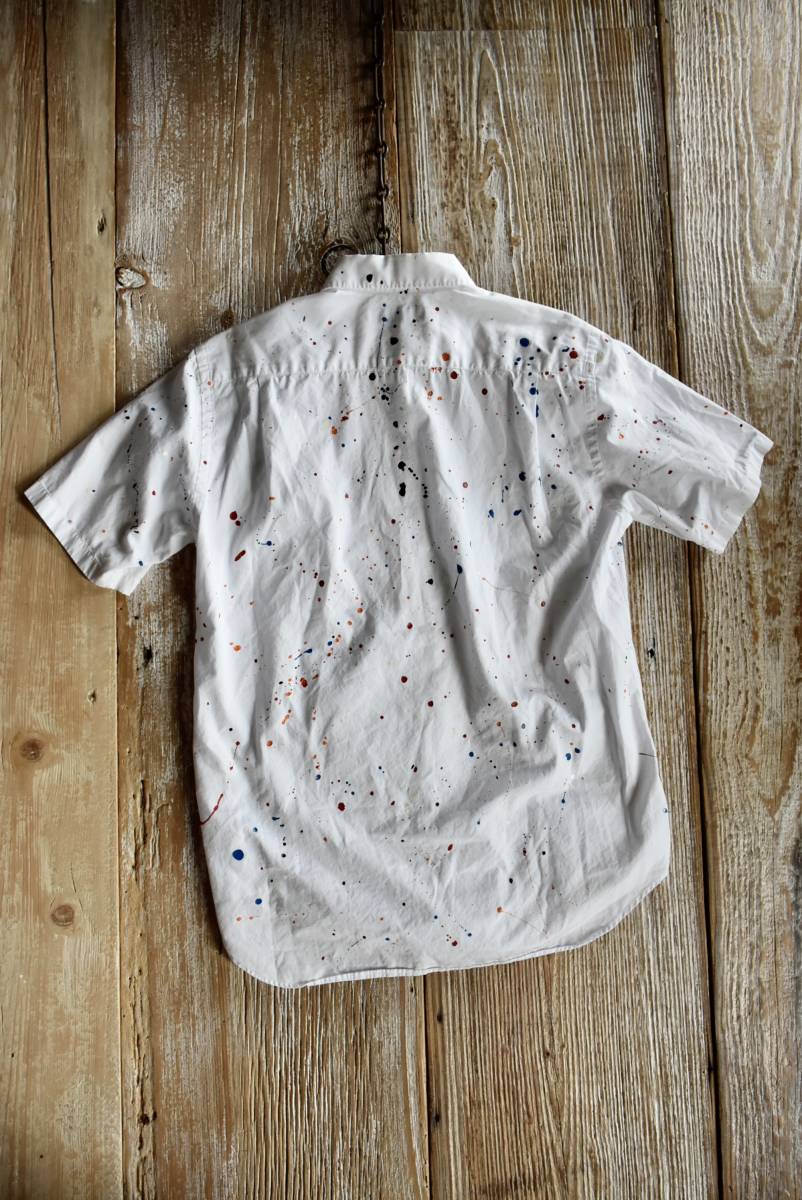 希少 AD2011 日本製 COMME des GARCONS HOMME コムデギャルソンオム ホワイト ペンキ加工 半袖 シャツ S アート コットン アーカイブ des 希少 COMME バルーン シルエット ポンチョ