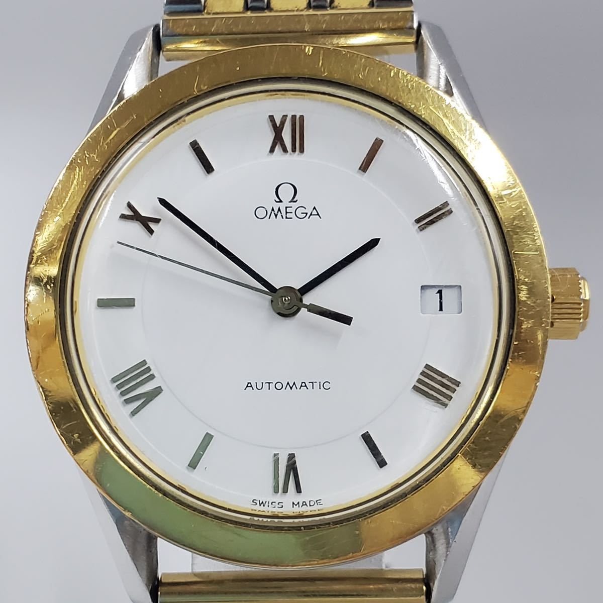 1円スタート OMEGA AUTOMATIC / Cal.1110 オメガ オートマチック ローマン 稼働品 白色文字盤 自動巻き デイト メンズ 腕時計
