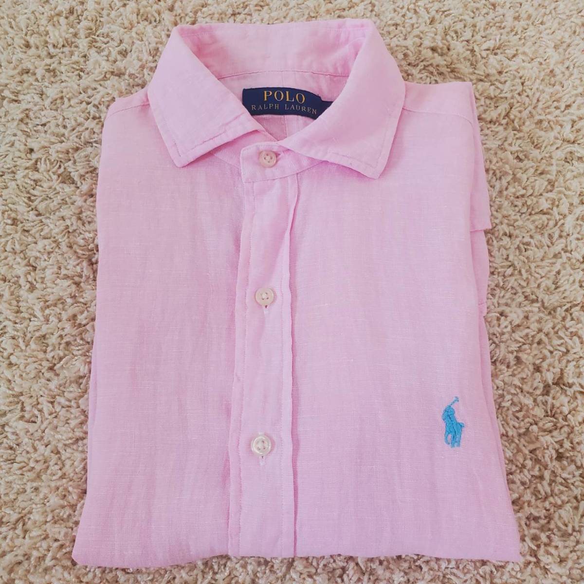 RALPH LAUREN　ラルフローレン ピンクリネン半袖シャツ 麻　ポニー刺繍 ラルフローレン リネン半袖シャツ ピンク S ポニー刺繍 RalphLauren 麻