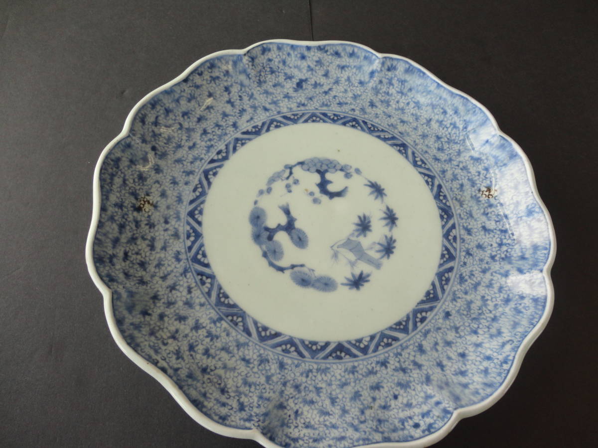 旧家蔵出品：微塵唐草8寸皿 古伊万里 染付 微塵唐草 江戸～明治