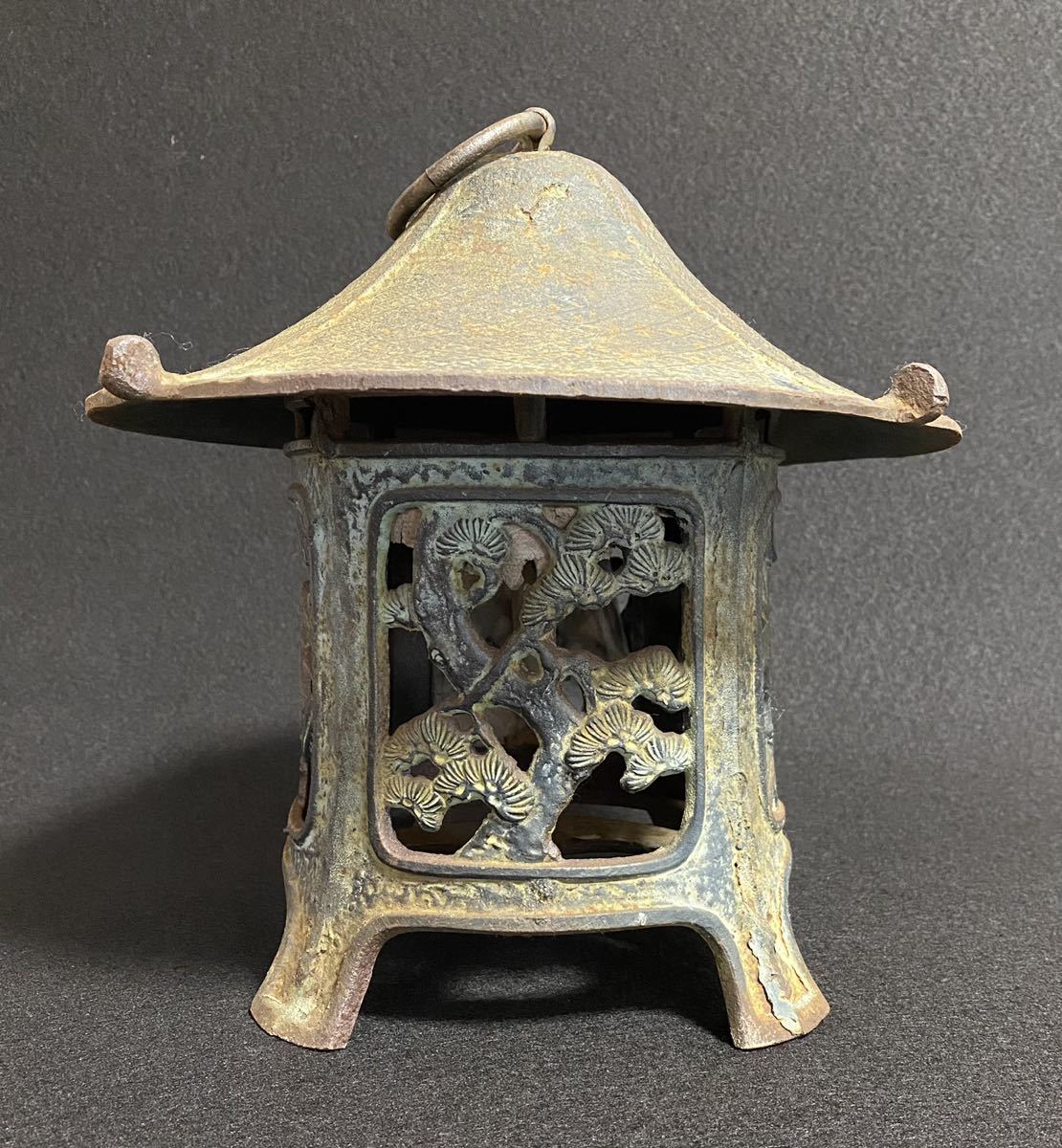 立光閣】時代.鉄製松竹梅透.四角吊灯籠.吊灯篭.灯籠.燈篭.燈籠□
