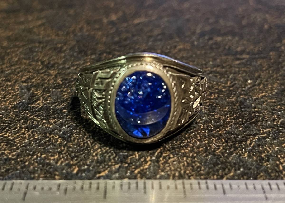 1978年製70sビンテージSILVERカレッジリング#14号ガラス石入り青 