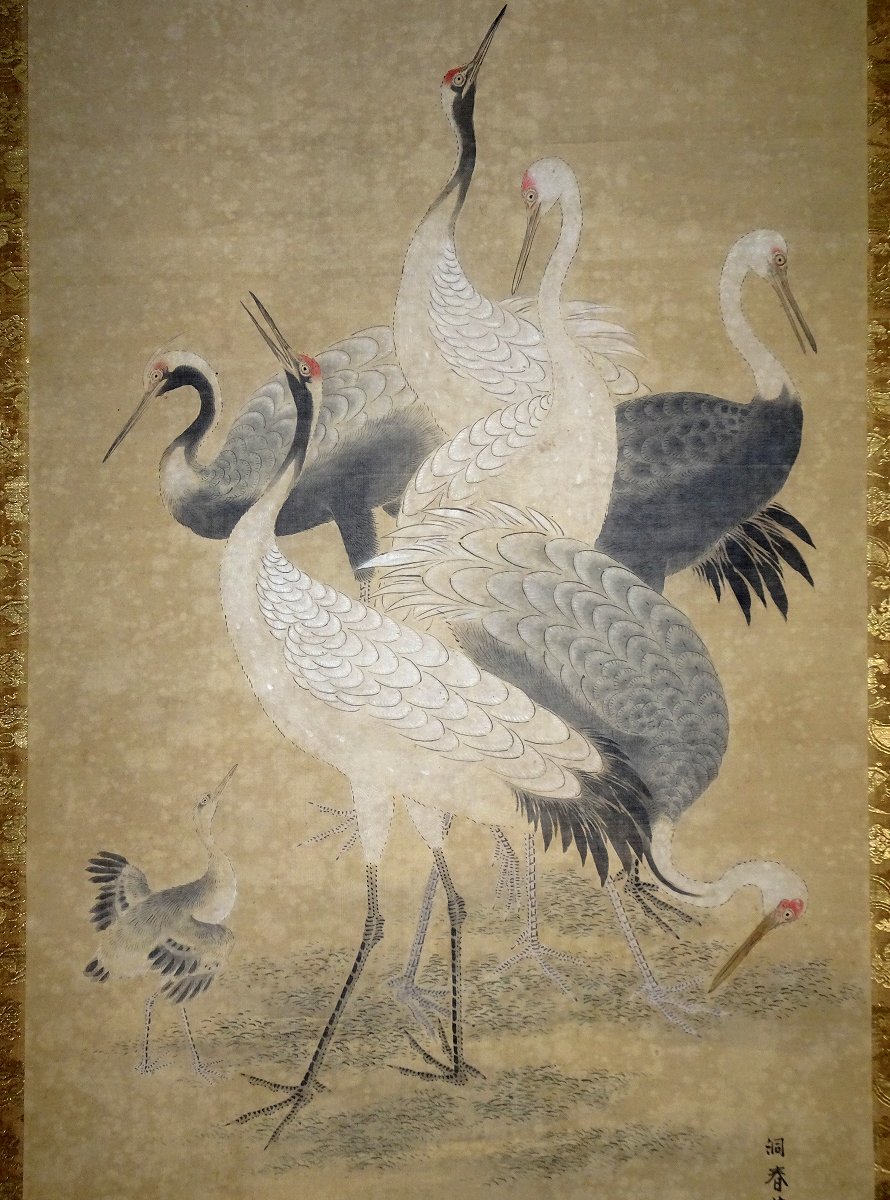 掛け軸】 狩野洞春 「群鶴図」 真作 真筆保証 絹本 金襴表装 江戸時代