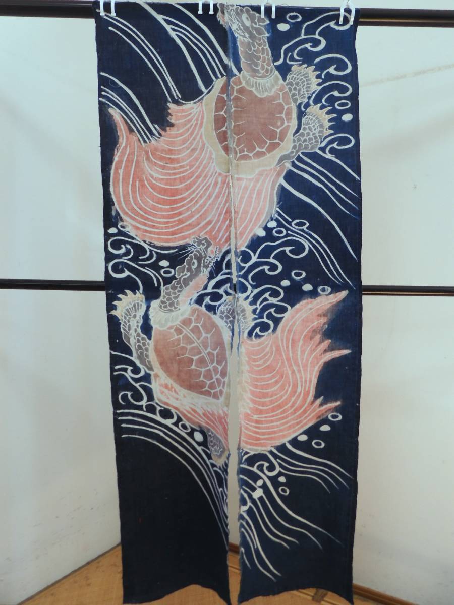 藍染 筒描き夜着 鶴亀 木綿古布 筒描藍染 風呂敷 鶴亀松竹梅 | 長田染