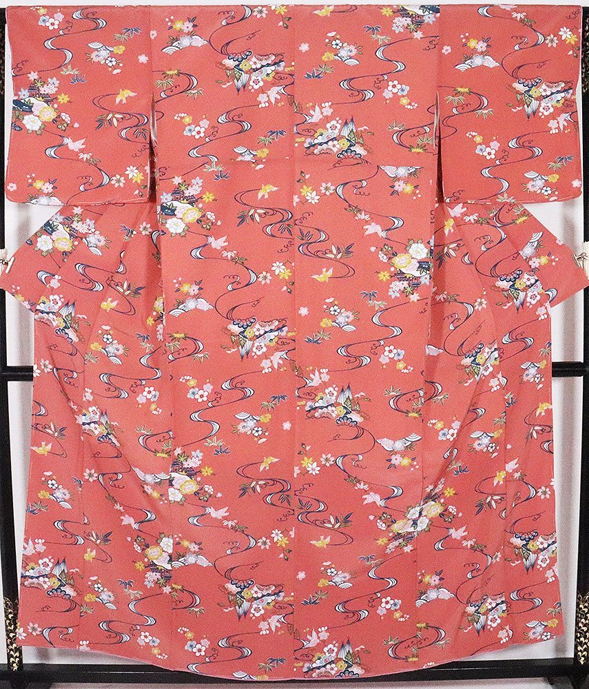 小紋 袷 高級化繊 薄赤茶 牡丹 紅葉 笹 梅 桜 Lサイズ A4948 新品 激安 アウトレット 送料無料