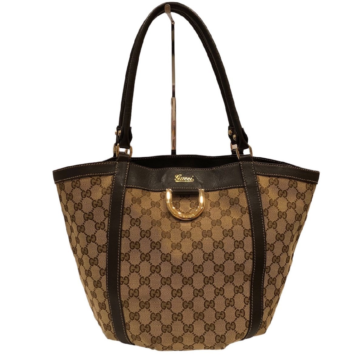 GUCCI グッチ GGキャンバス レザー トートバッグ ブラウン系 ゴールド金具 211982