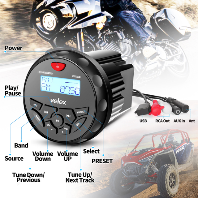 ☆国内在庫☆velex 防水オーディオ mp3 USB バイク 180W Bluetooth