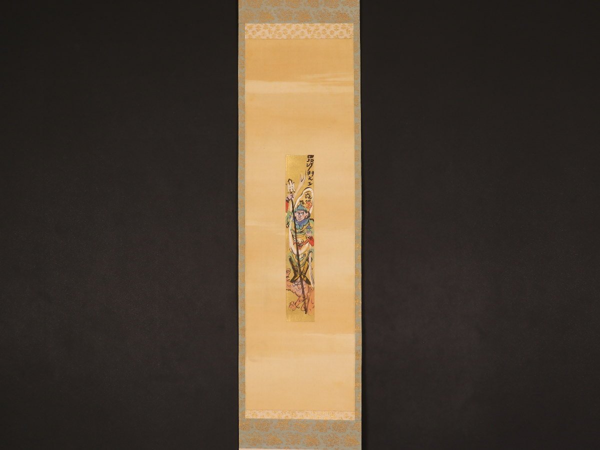 模写】【1円開始】【伝来】us2558〈富田渓仙〉毘沙門天画賛 短冊 富田