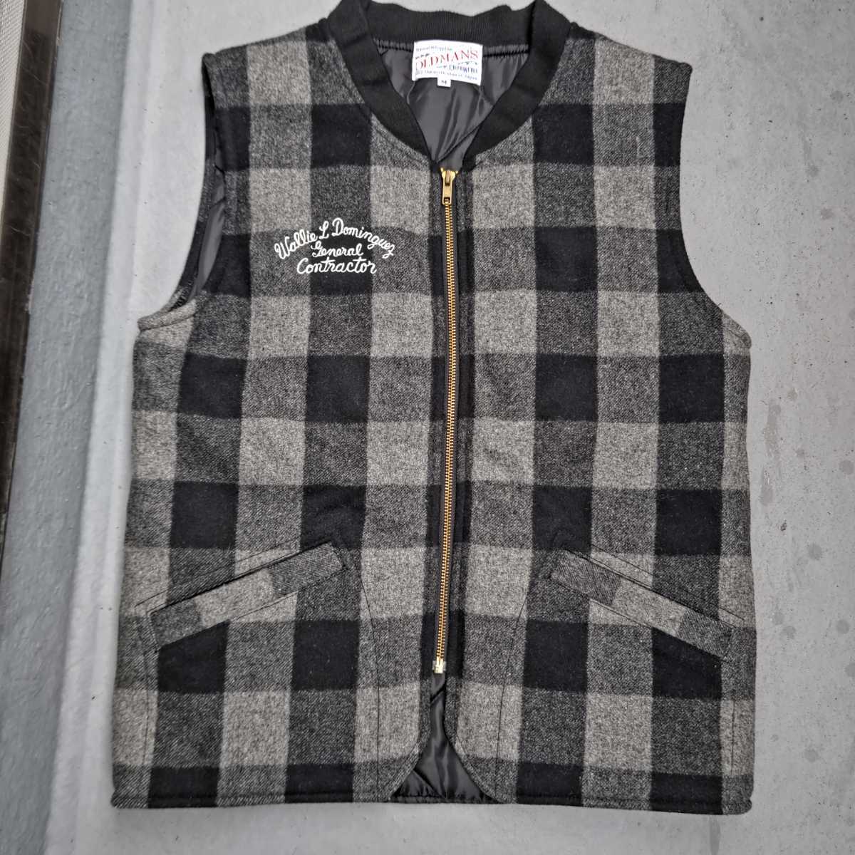 OLDMAN'S ウール ワークベスト【M】ブロックチェック オールドマンズ グレー×ブラック 中綿