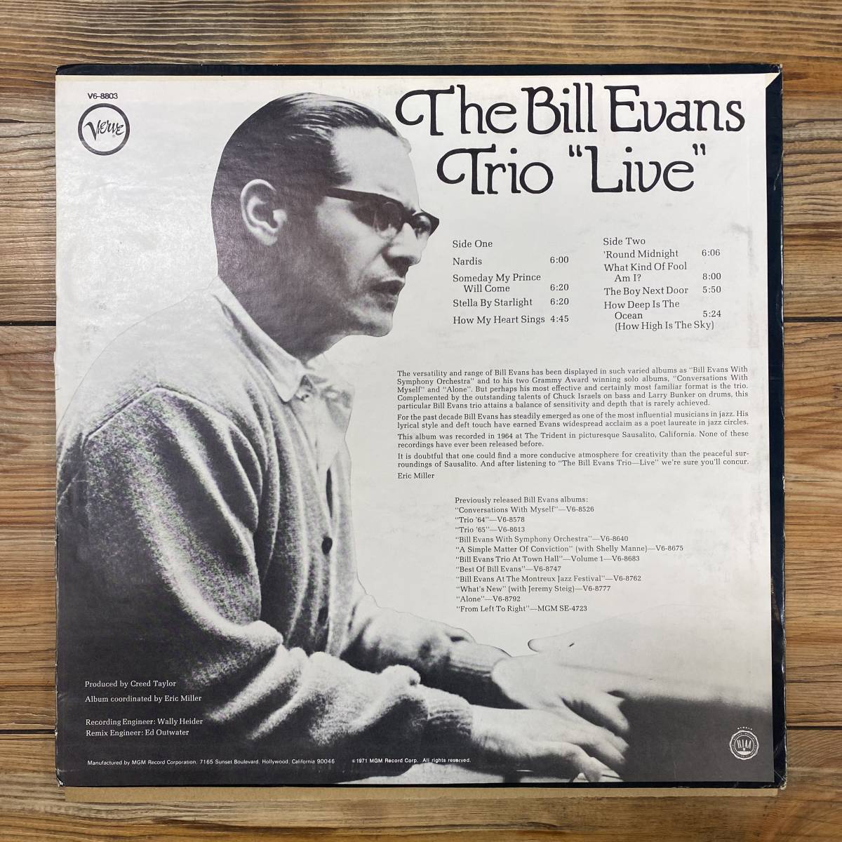 US PROMO WHITE LABEL THE BILL EVANS TRIO / LIVE V6-8803 VERVE MGM 