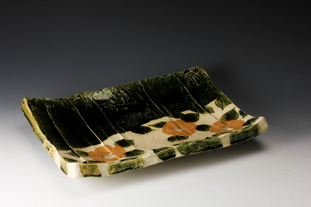 佳香】飛井隆司 織部大皿『匂ひ吹雪』幅40cm 共箱 栞 本物保証(織部  